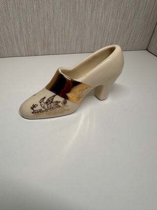 Vintage Porcelain Miniature High Heel Shoe Figurine – Gold Gilt Ceramic Victorian Slipper, Hand-Painted Bird Design, Collectible Souvenir Trinket Dish