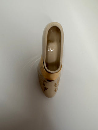 Vintage Porcelain Miniature High Heel Shoe Figurine – Gold Gilt Ceramic Victorian Slipper, Hand-Painted Bird Design, Collectible Souvenir Trinket Dish