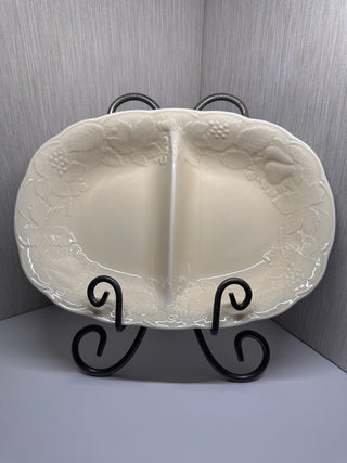 Vintage Nikko Ceramics "Woodbury" Oval Divided Serving Dish – Embossed Fruit Design Ivory