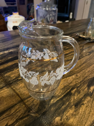 (Set of 3)Etched Pitcher w/ 2 Gold Rimmed Glasses