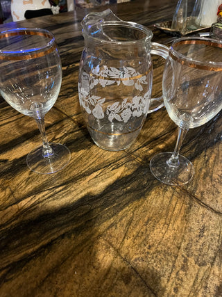 (Set of 3)Etched Pitcher w/ 2 Gold Rimmed Glasses