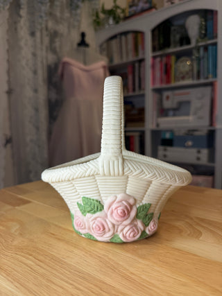 Vintage Porcelain Basket – Pink Roses & Woven Detail