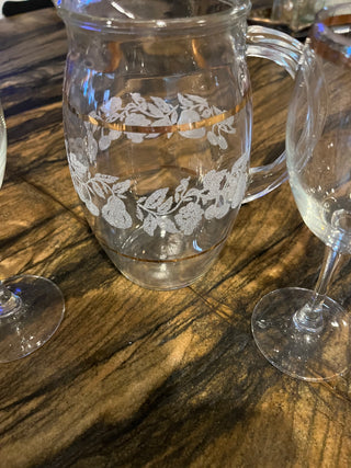 (Set of 3)Etched Pitcher w/ 2 Gold Rimmed Glasses