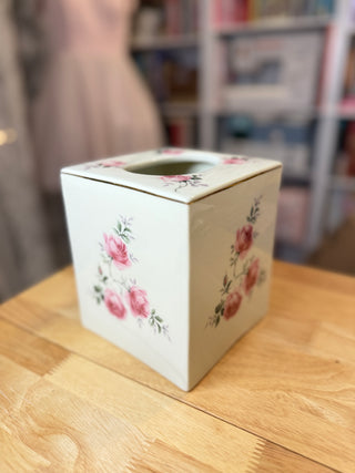 Vintage Porcelain Tissue Box Cover – Pink Roses Floral Pattern with Gold Trim