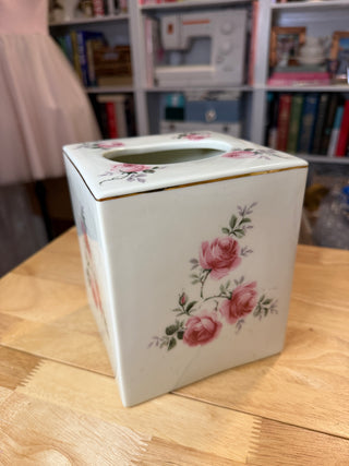 Vintage Porcelain Tissue Box Cover – Pink Roses Floral Pattern with Gold Trim