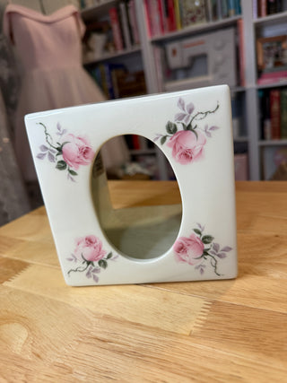 Vintage Porcelain Tissue Box Cover – Pink Roses Floral Pattern with Gold Trim