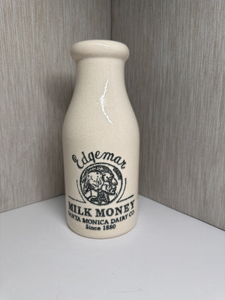 Vintage Edgemar Farms Ceramic Milk Money Bottle Coin Bank Santa Monica Dairy Co