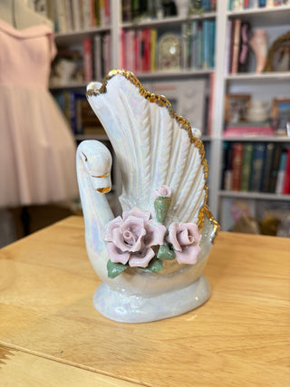 Vintage Iridescent Porcelain Swan Figurine with Pink Roses & Gold Accents – 7–8"