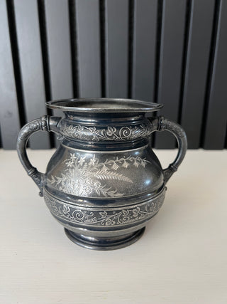 Antique silver plate etched handled vase