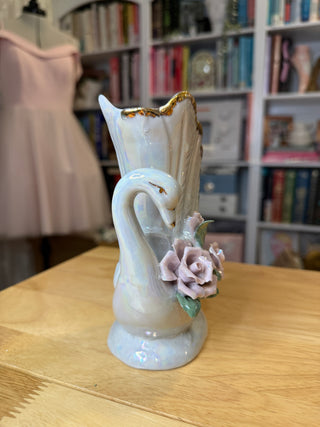 Vintage Iridescent Porcelain Swan Figurine with Pink Roses & Gold Accents – 7–8"