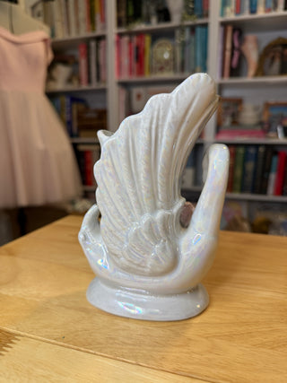 Vintage Iridescent Porcelain Swan Figurine with Pink Roses & Gold Accents – 7–8"