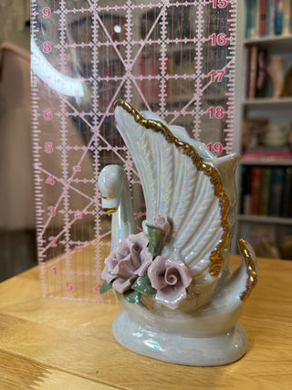Vintage Iridescent Porcelain Swan Figurine with Pink Roses & Gold Accents – 7–8"