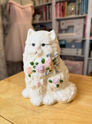 Vintage White Porcelain Cat Figurine with Pastel Roses & Flower Basket