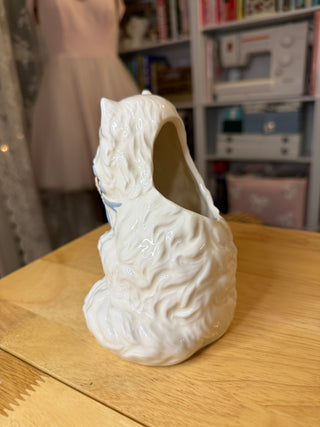 Vintage White Porcelain Cat Figurine with Pastel Roses & Flower Basket