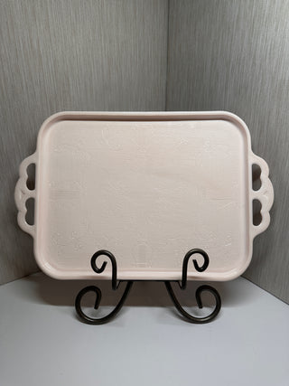 Vintage Jeannette Glass Shell Pink Milk Glass Vanity Serving Tray Lyre Harp 15"