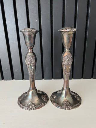 Vintage ornate silver plate candle stick holder pair