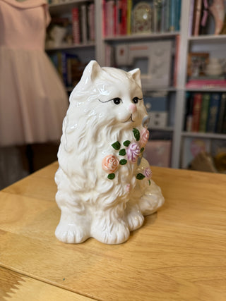 Vintage White Porcelain Cat Figurine with Pastel Roses & Flower Basket