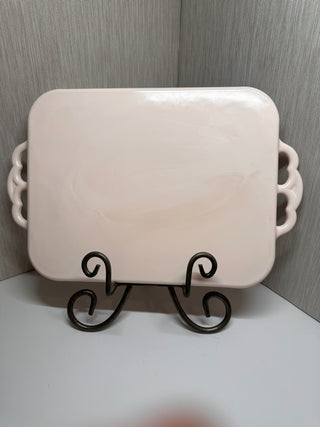 Vintage Jeannette Glass Shell Pink Milk Glass Vanity Serving Tray Lyre Harp 15"