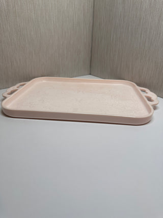 Vintage Jeannette Glass Shell Pink Milk Glass Vanity Serving Tray Lyre Harp 15"