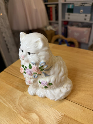 Vintage White Porcelain Cat Figurine with Pastel Roses & Flower Basket