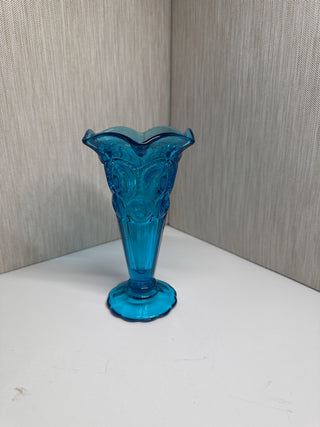 Vintage L.E. Smith Moon and Stars Turquoise Blue Glass Bud Vase 6.5" Ruffled Rim
