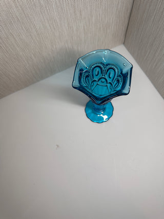 Vintage L.E. Smith Moon and Stars Turquoise Blue Glass Bud Vase 6.5" Ruffled Rim