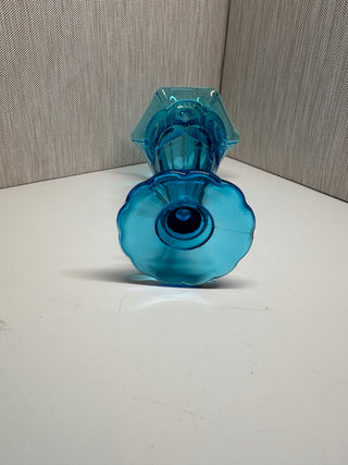 Vintage L.E. Smith Moon and Stars Turquoise Blue Glass Bud Vase 6.5" Ruffled Rim