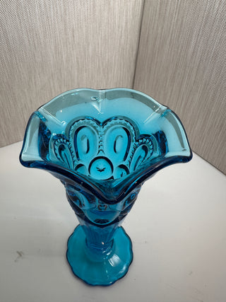 Vintage L.E. Smith Moon and Stars Turquoise Blue Glass Bud Vase 6.5" Ruffled Rim