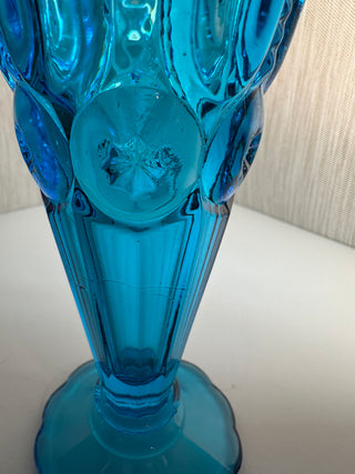 Vintage L.E. Smith Moon and Stars Turquoise Blue Glass Bud Vase 6.5" Ruffled Rim