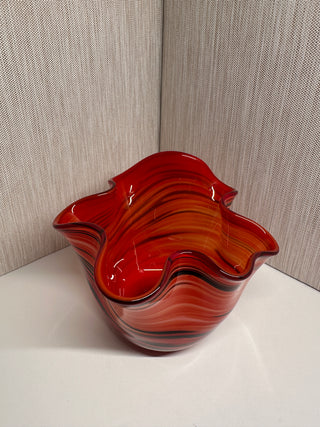 Mid-Century Murano Style Hand Blown Glass Handkerchief Bowl Red Orange Swirl 13.5”