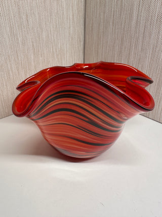 Mid-Century Murano Style Hand Blown Glass Handkerchief Bowl Red Orange Swirl 13.5”