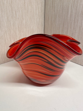 Mid-Century Murano Style Hand Blown Glass Handkerchief Bowl Red Orange Swirl 13.5”