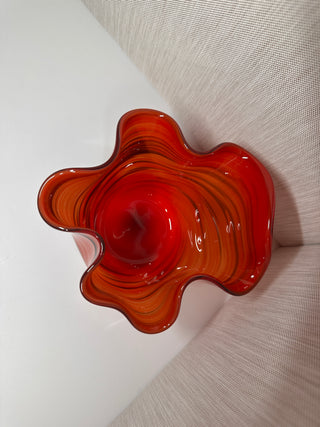 Mid-Century Murano Style Hand Blown Glass Handkerchief Bowl Red Orange Swirl 13.5”