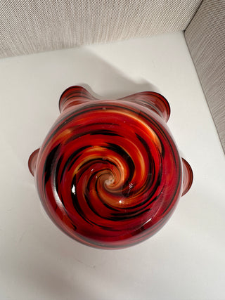 Mid-Century Murano Style Hand Blown Glass Handkerchief Bowl Red Orange Swirl 13.5”