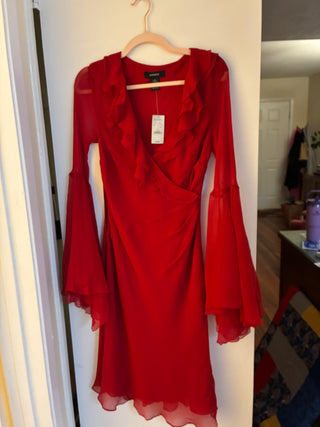 *NWT* Express red  100% silk ruffle neck flounce sleeves cinch waist dress