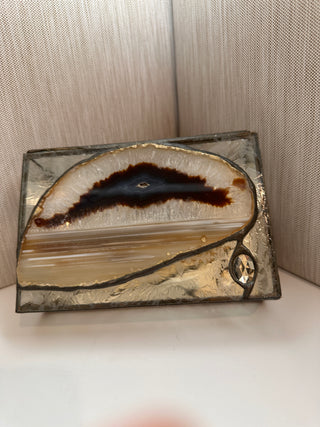 Vintage Stained Glass Trinket Box with Polished Agate Slice Lid and Glue-Chip Glass