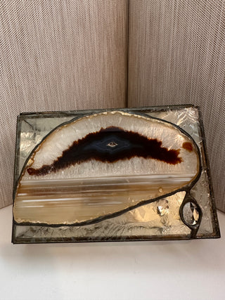 Vintage Stained Glass Trinket Box with Polished Agate Slice Lid and Glue-Chip Glass