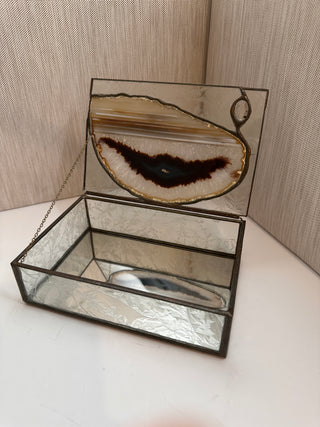 Vintage Stained Glass Trinket Box with Polished Agate Slice Lid and Glue-Chip Glass