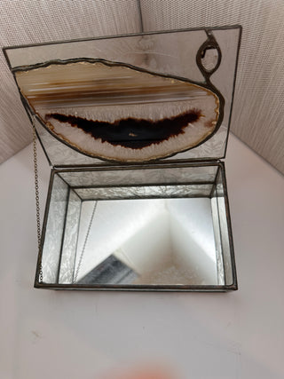 Vintage Stained Glass Trinket Box with Polished Agate Slice Lid and Glue-Chip Glass