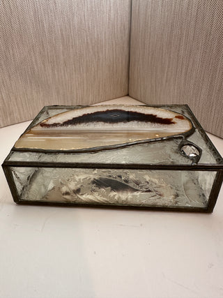 Vintage Stained Glass Trinket Box with Polished Agate Slice Lid and Glue-Chip Glass
