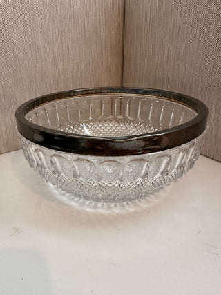 Vintage Pressed Glass Serving Bowl with Silver-Plated Rim (As-Is / Dented Rim)
