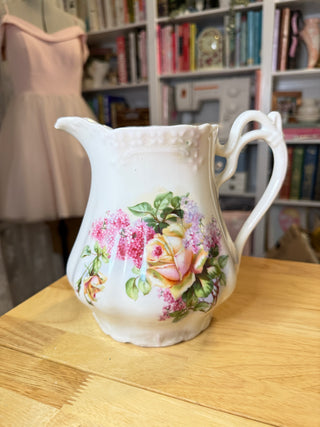 Vintage Floral Porcelain Pitcher – Pink & Yellow Roses, Lilac Flowers & Elegant Scalloped Handle