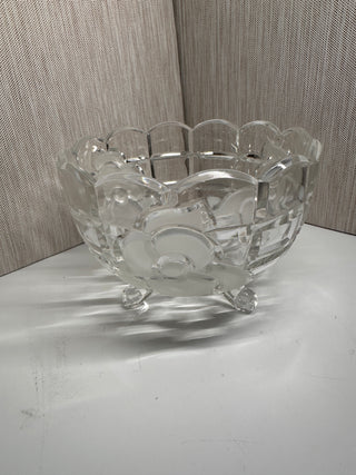 Vintage Clear Crystal 3-Footed Bowl with Frosted Roses and Scalloped Rim