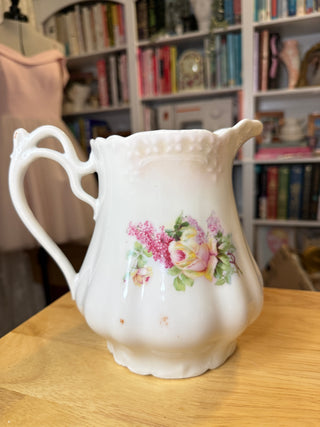 Vintage Floral Porcelain Pitcher – Pink & Yellow Roses, Lilac Flowers & Elegant Scalloped Handle