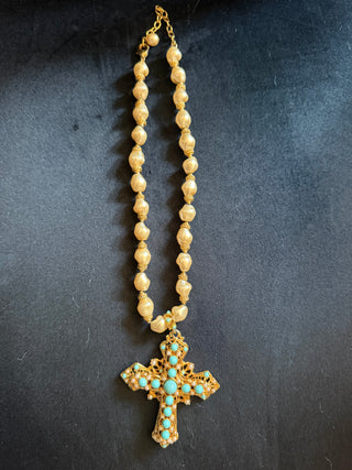 Sacred Cross Pendant Necklace with gold color pearl turquoise like necklace VV