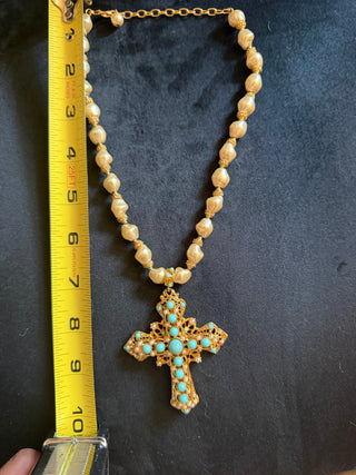 Sacred Cross Pendant Necklace with gold color pearl turquoise like necklace VV