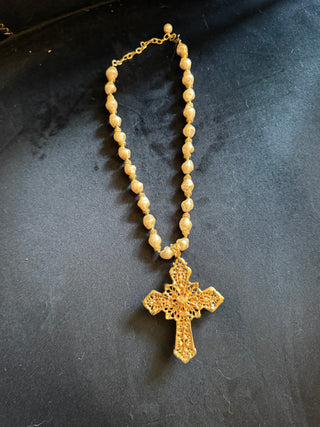Sacred Cross Pendant Necklace with gold color pearl turquoise like necklace VV