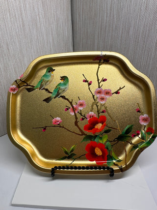 Pair of Vintage Elite Trays England Gold Tin Bird Floral Chinoiserie Set of 2