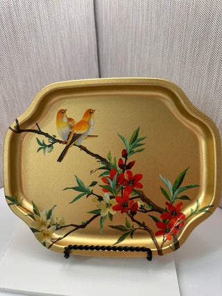 Pair of Vintage Elite Trays England Gold Tin Bird Floral Chinoiserie Set of 2