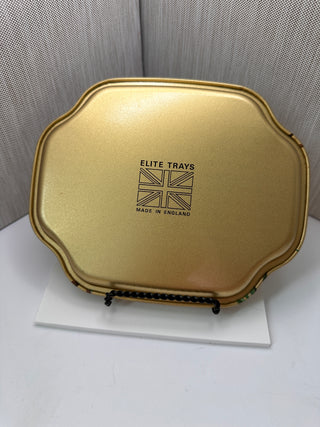 Pair of Vintage Elite Trays England Gold Tin Bird Floral Chinoiserie Set of 2